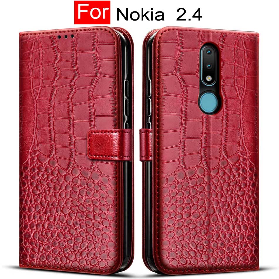 Étui portefeuille à rabat en cuir avec porte-cartes, pour Nokia 2.4, 2.4: Red