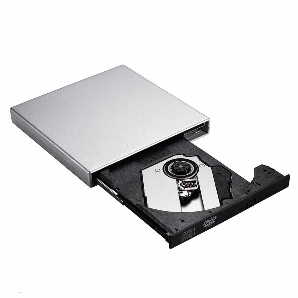 Zilveren dunne usb 2.0 dvd cd externe drive met duurzame kunststof behuizing, brander, lezer, speler, combo, schrijver en recorder voor laptop