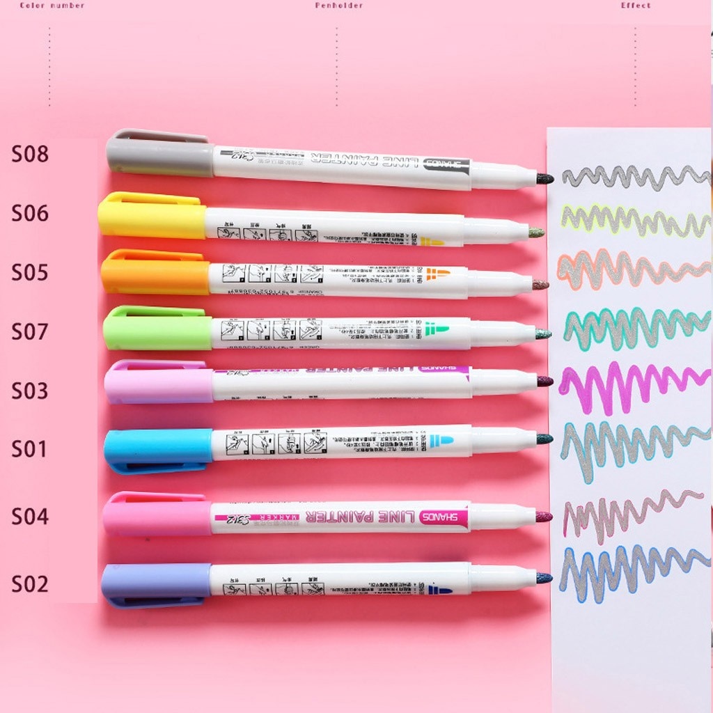 8 farver / sæt dobbelt linie omrids pen studerende highlighter sølv skinnende glød pen til kort skrivning tegning papirvarer