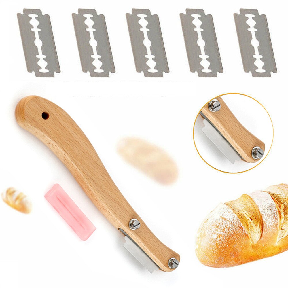 Brood Lame Met Houten Handvat Brood Snijden Tool Brood Slicer Cake Cutter Met Plastic Beschermhoes 5 Blades