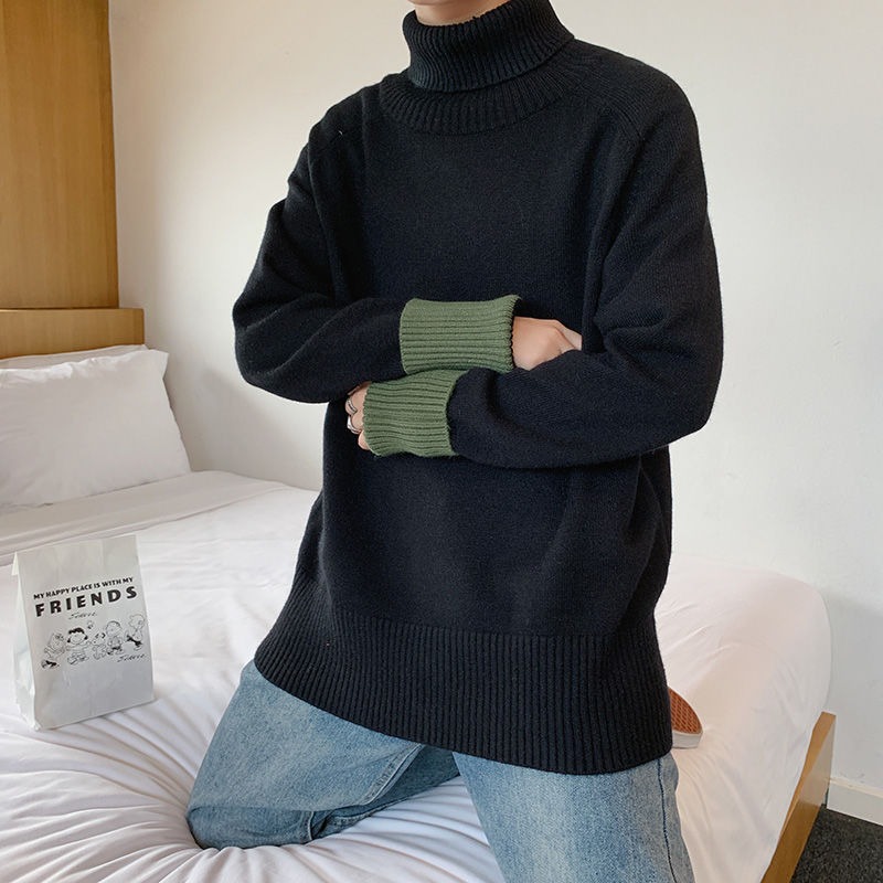 Men's sweaters autumn and winter fashionable high neck loose pullover all-match blouse young people clothing: Black / M