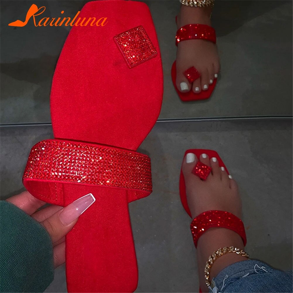 Stor størrelse 42 sommer bling flip flops fritidsleilighet komfortabel ferie ins sandal kvinner tøfler: Rød / 6.5
