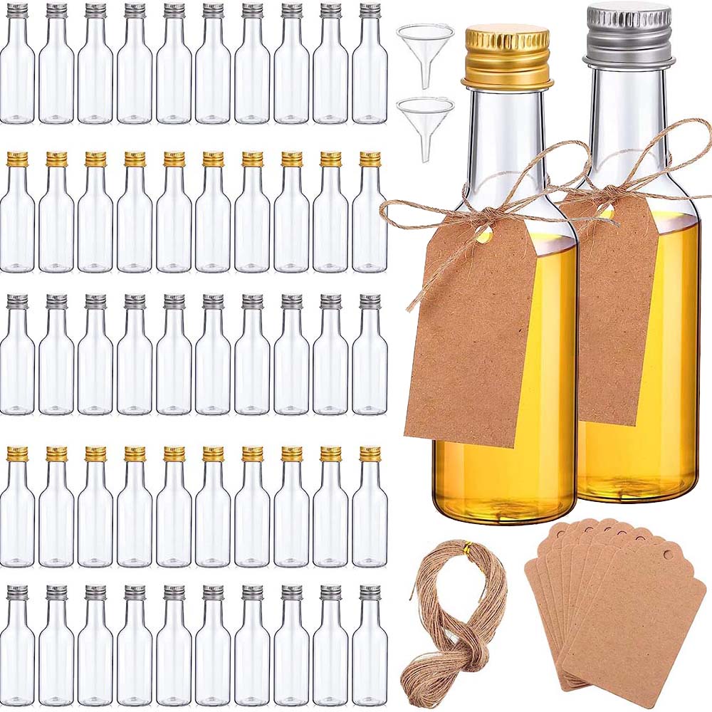 Mini Drankflessen Set 1.7oz Plastic Spirit Flessen Zilver/Gouden Caps Alcohol Shot Flessen met Trechters Kraft Tags Touw