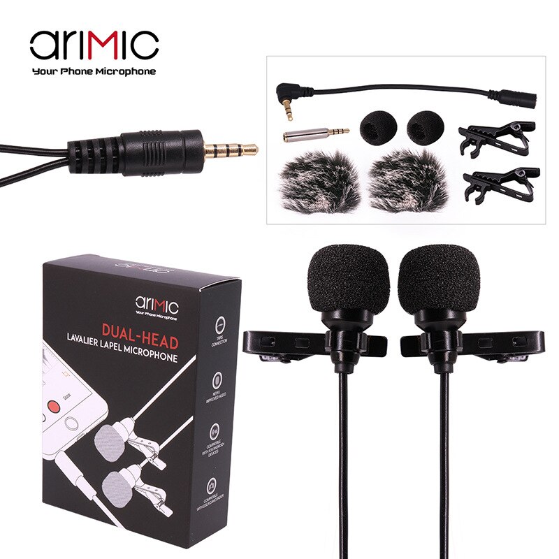 Portable mini mic. studio mic. Teaching and speaking Mic. Connect vlog camera phone. Collar clip Double microphone 1.5m