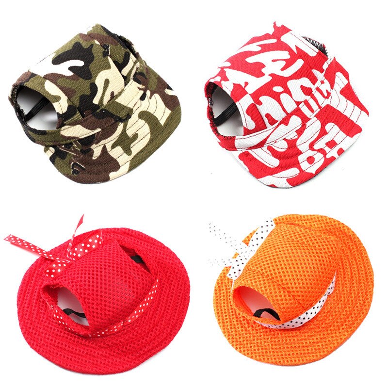 Sommar sällskapshund söt print keps baseballhatt liten hund med öronhål bowknot mesh andningsbara hundhattar