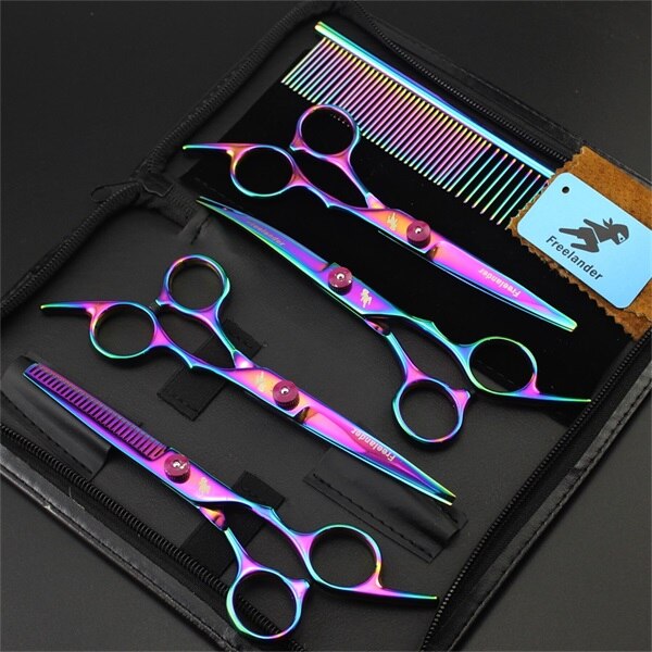 6.0 Inch Pet Scissors Dog Grooming kit Straight & Curved &Thinning Shear Pet Haircut Tools 5pcs Set: Colorful F-605