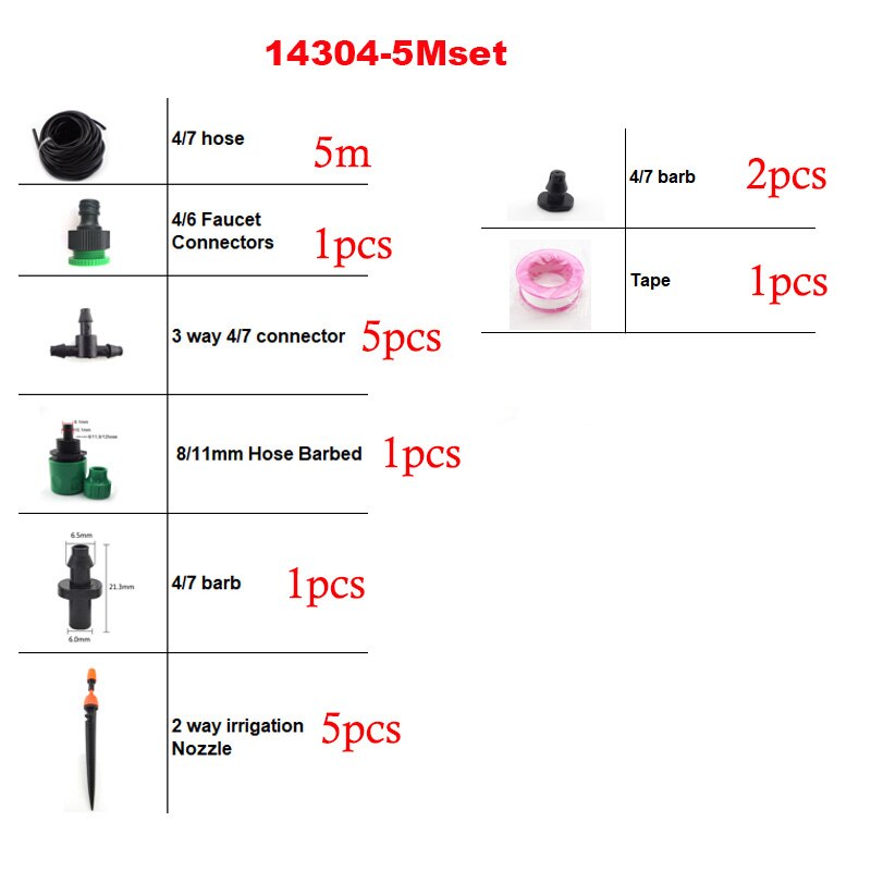 5M 4/7Mm Slang Diy Druppelsysteem Automatische Watering Kit Tuingereedschap Set Verstelbare Micro Druppelaar voor Planten: 14304-5Mset