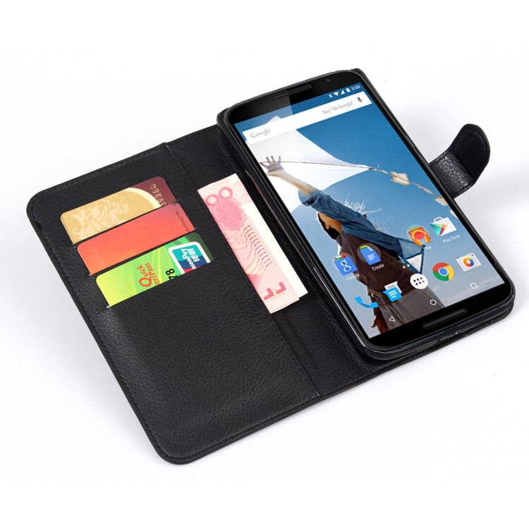 for Motorola MOTO Google Nexus 6 Case Wallet Card Stent Cases Lichee Pattern Flip Leather Cover black Case Nexus6 Google6: Black