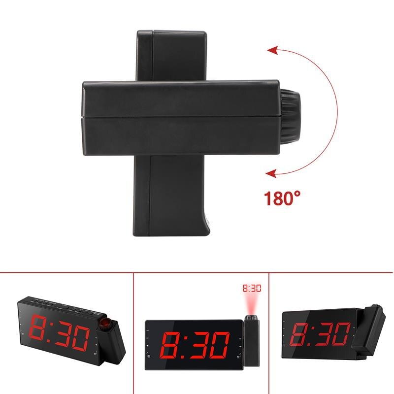 180 Degree Table Wall Digital Projector Radio Alarm Clock Snooze Timer Temperature LED Display USB Charging Cable FM Radio Clock