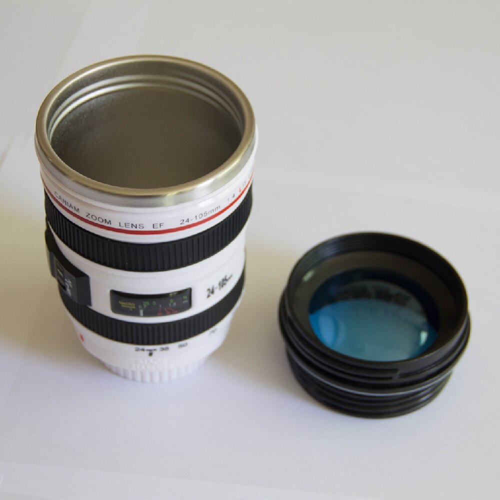 Kamera Objektiv Becher Kaffee Tee Tasse Becher mit Deckel Neuheit Kreative Thermocup Thermo Becher 400ml Edelstahl Liner: 6th Weiß