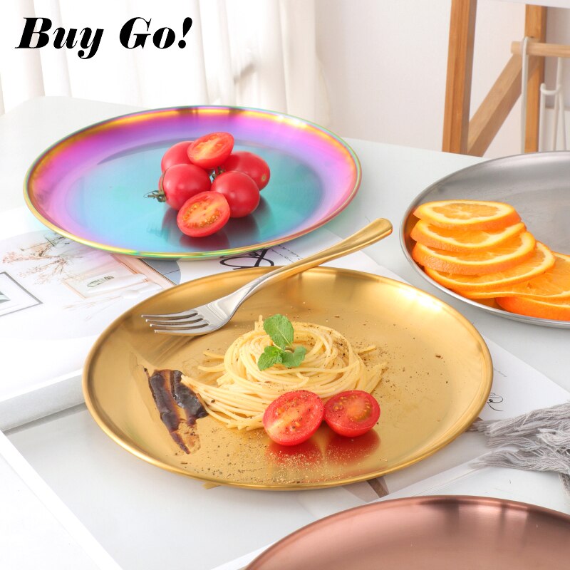 4Colors Stainless Steel Tableware Dinner Plate Food Container Salad Dessert Fruit Services Dish Western Steak Round Dessert Tray