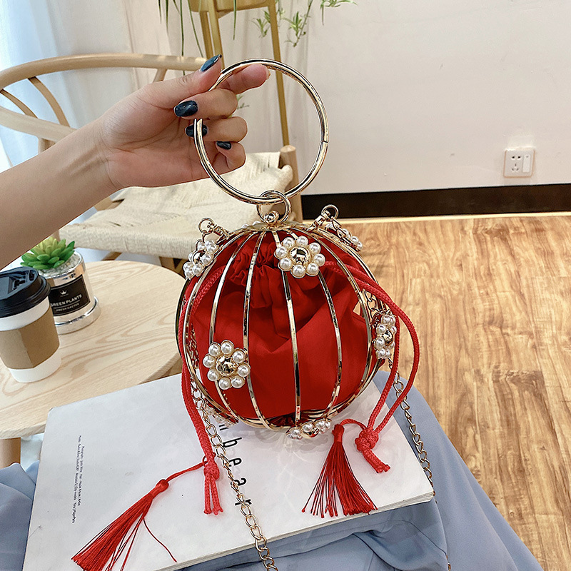 Sac de soirée à Cage sphérique pour femmes, pochette circulaire, nouvelle , perle et diamant, personnalité, dîner,: Red Flower