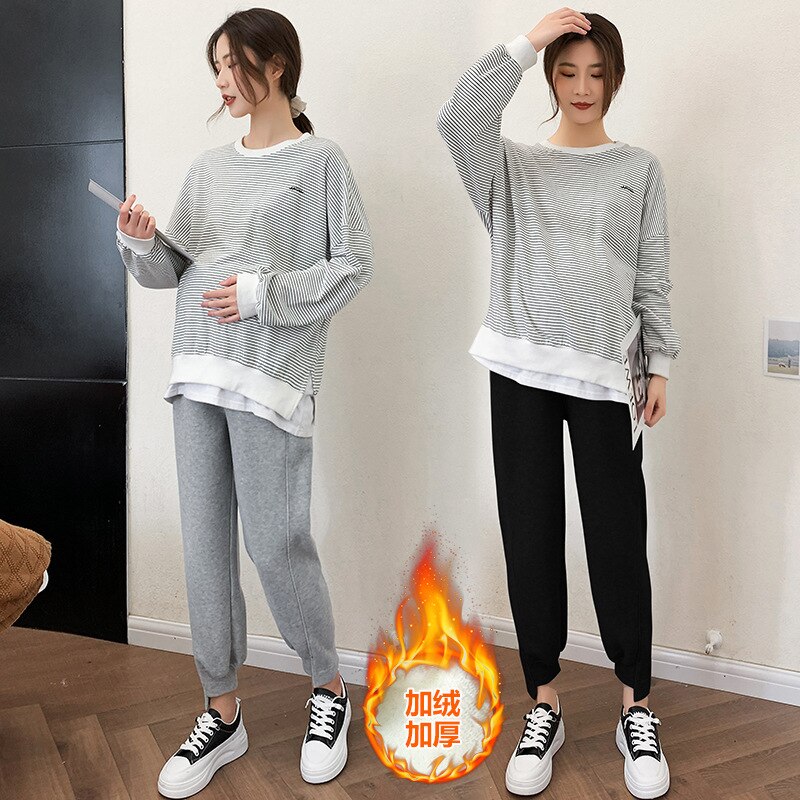 Mallas de maternidad gruesas para mujeres embarazadas, Leggings de cintura ajustable, línea de terciopelo, Ropa de embarazo, pantalones, Ropa Maternal