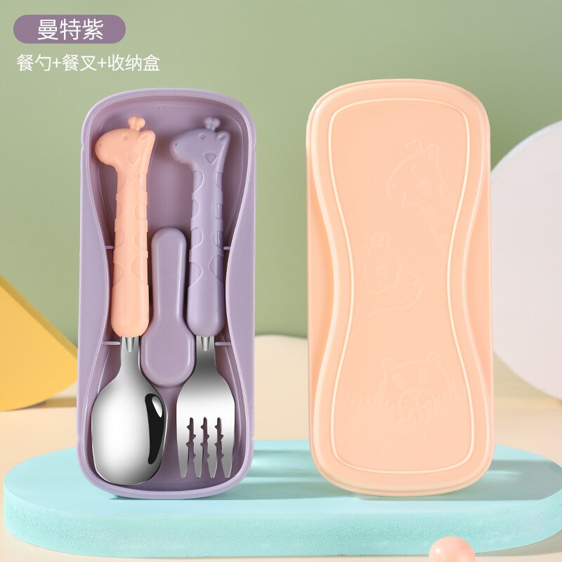 Baby servise sett barn redskap giraff spedbarn mat mat skje gaffel rustfritt stål småbarn servise bestikk gadgets: Lilla sett