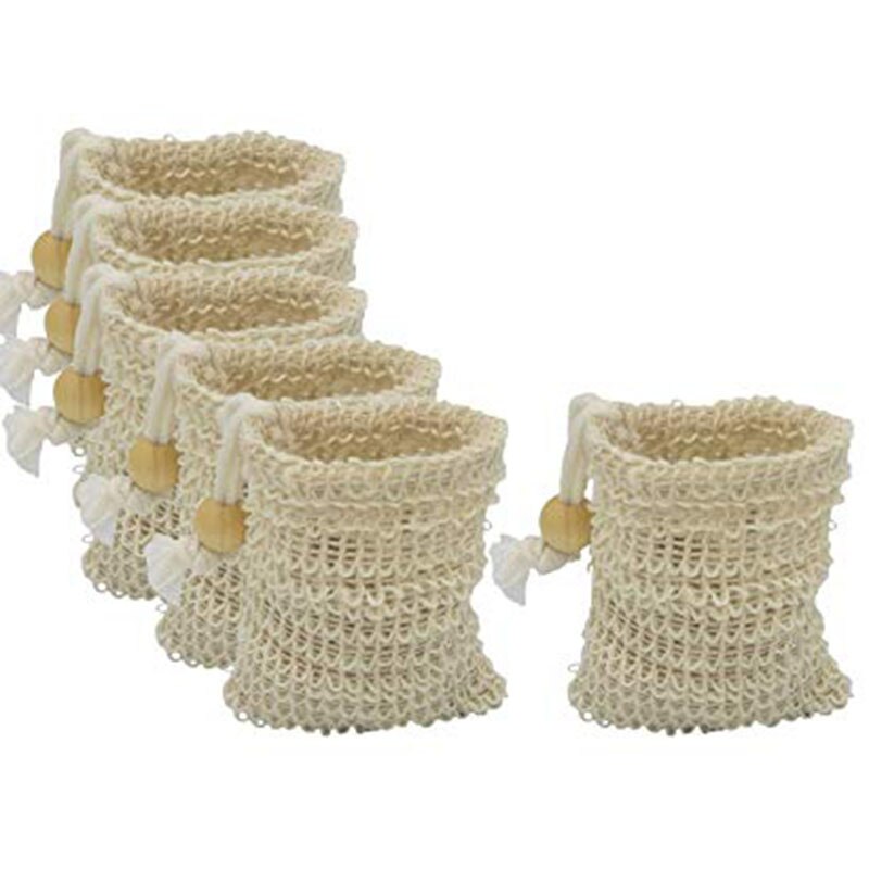 6Pcs Zeep Opbergtas, 100% Natuurlijke, Scrub Afschilfering, Met Koord En Houten Kraal Houder