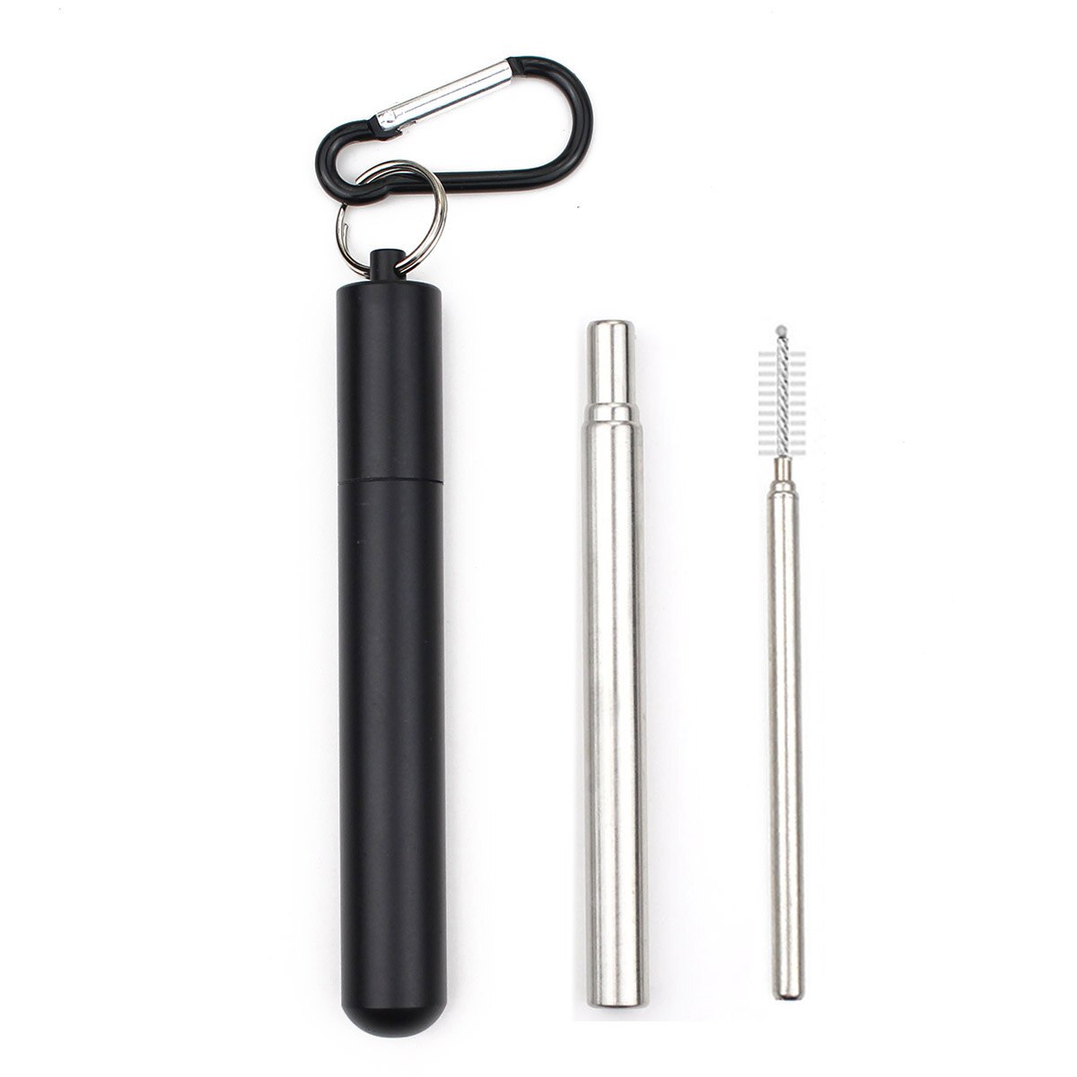 Reusable Stainless Steel Straws with Aluminum Keychain Case Cleaning Brush Collapsible Telescopic Portable Drinking Straws: Black2-yuan