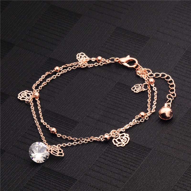 Misananryne Goud Kleur Double Layer Kristal Enkelbanden Hollow Rose Bloem Enkelband Vrouwen Strand Voet Sieraden