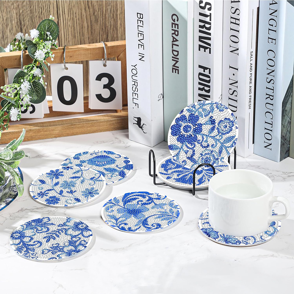 8 stk. blå blomster diamantmaling-brikker med holder 5d gjør-det-selv akryl diamantbrikker dekorative brikker til voksne gjør-det-selv håndverk