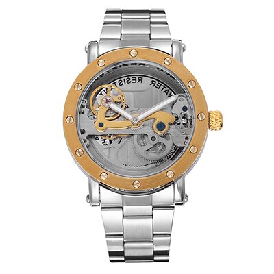 SHENHUA mannen Bridge Analoge Weergave Mechanische Horloge Skeleton Automatische Zelf Wind Man Klok Lederen Band Relogio Masculino: Gold Steel