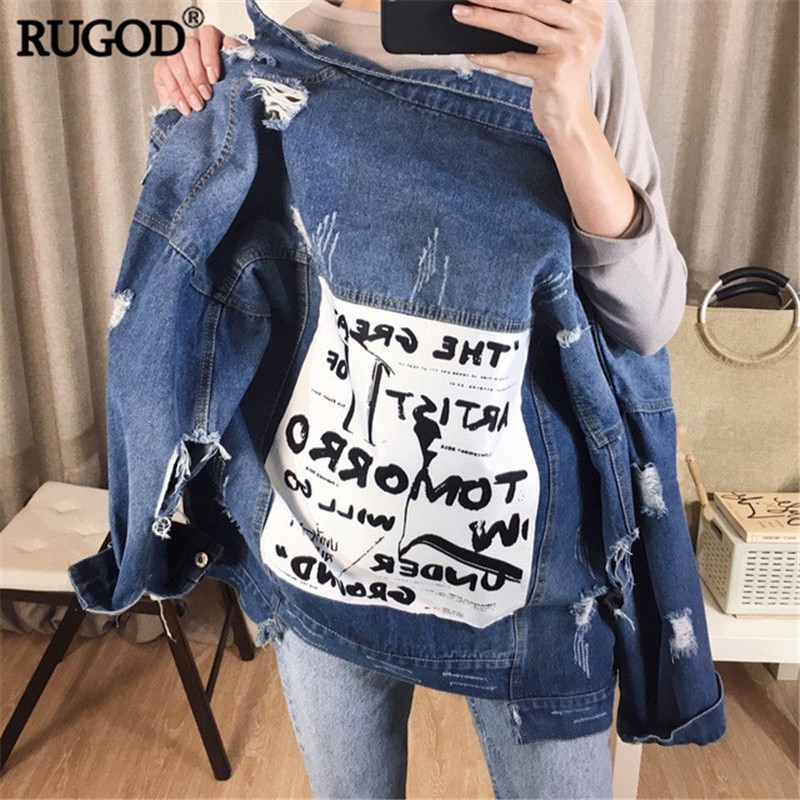 RUGOD Basic Coat Bombers Vintage Fabric Patchwork Denim Jacket Women Cowboy Jeans Autumn Frayed Ripped Hole Jean Jacket