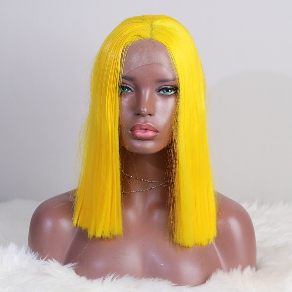 Oley Straight Short Yellow Wig High Temperature Fiber Glueless High Density Synthetic Lace Front Wig For Black Women