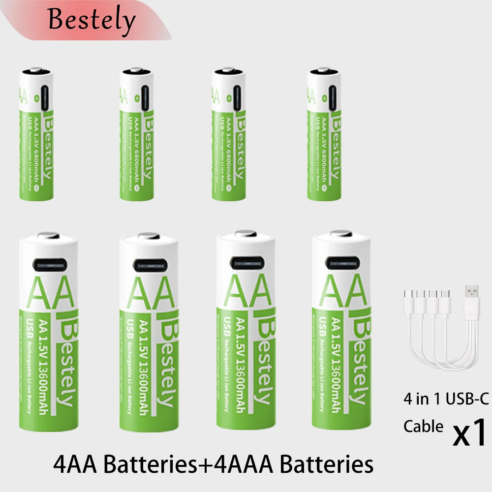 Neue 1,5 V AAA 6800 mAh + AA 13600 mAh wiederaufladbare Lithium-Batterien Schnelllade-USB-Li-Ionen-Akku 2000 Zyklen mit USB-C-Kabel: Grau