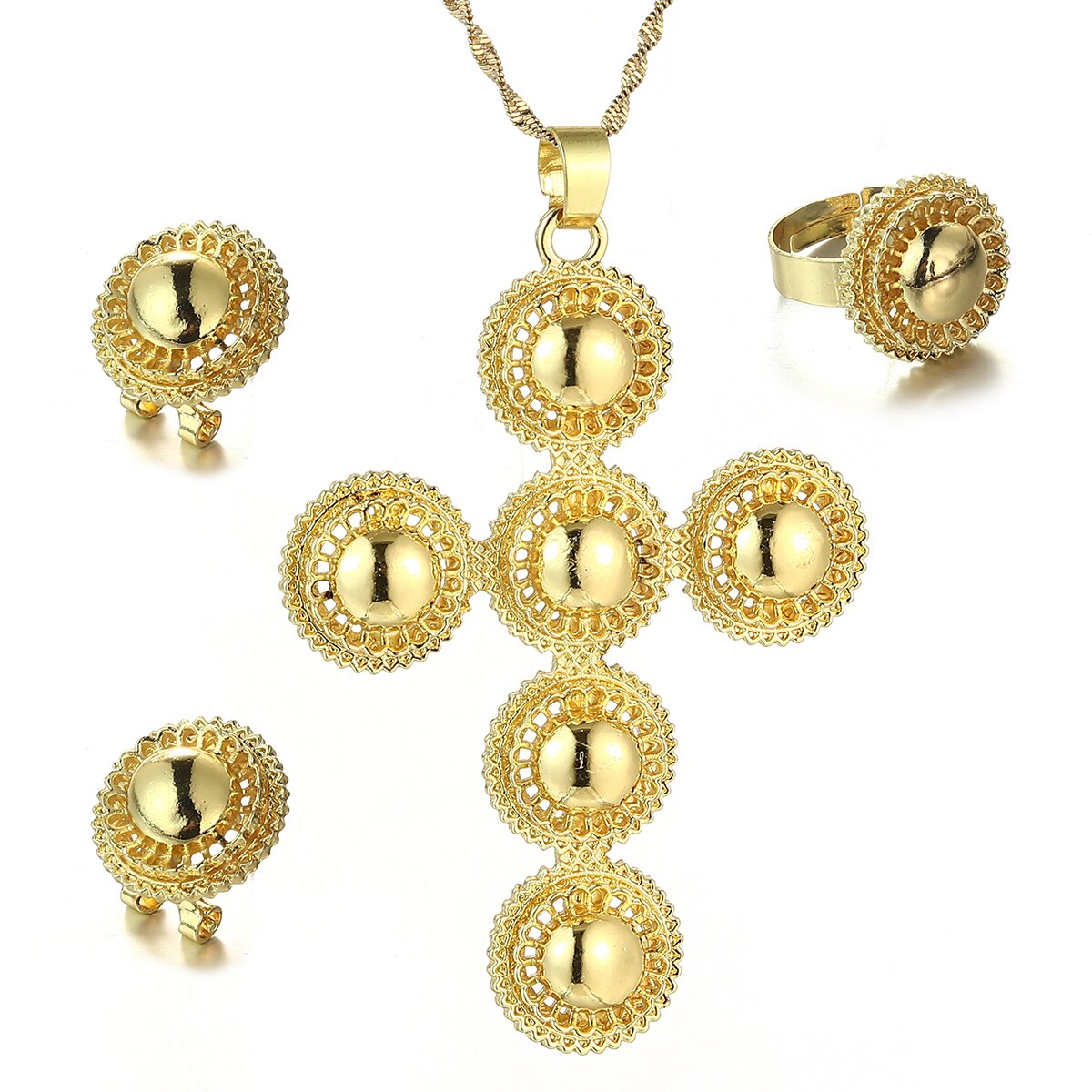 Ethiopische Traditiona Cross Sieraden Set Ketting Oorbellen Ring Ethiopië Gold Eritrea Sets Voor Vrouwen Habesha Wedding Party: Licht Geel Goud Kleur