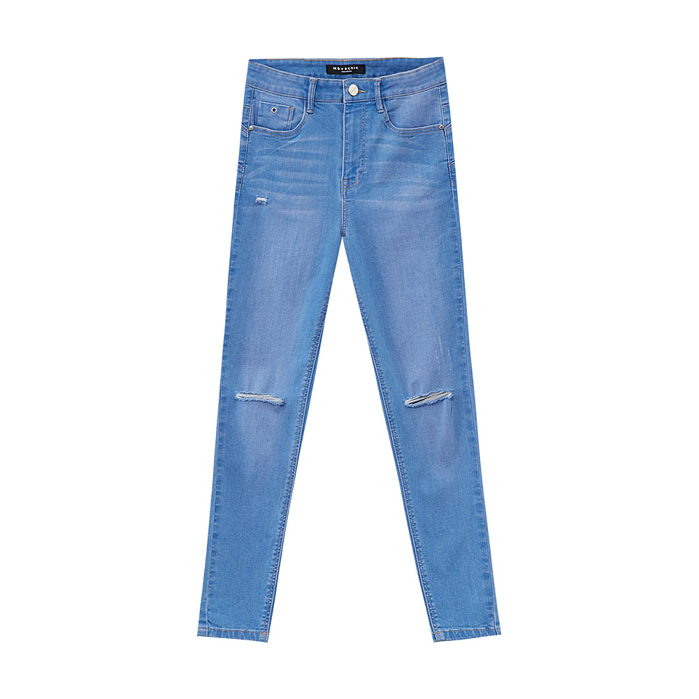 Metersbonwe jean Slim pour femmes jean trou bleu Denim crayon cheville-longueur pantalon Stretch taille femmes jean: Light Blue / 28