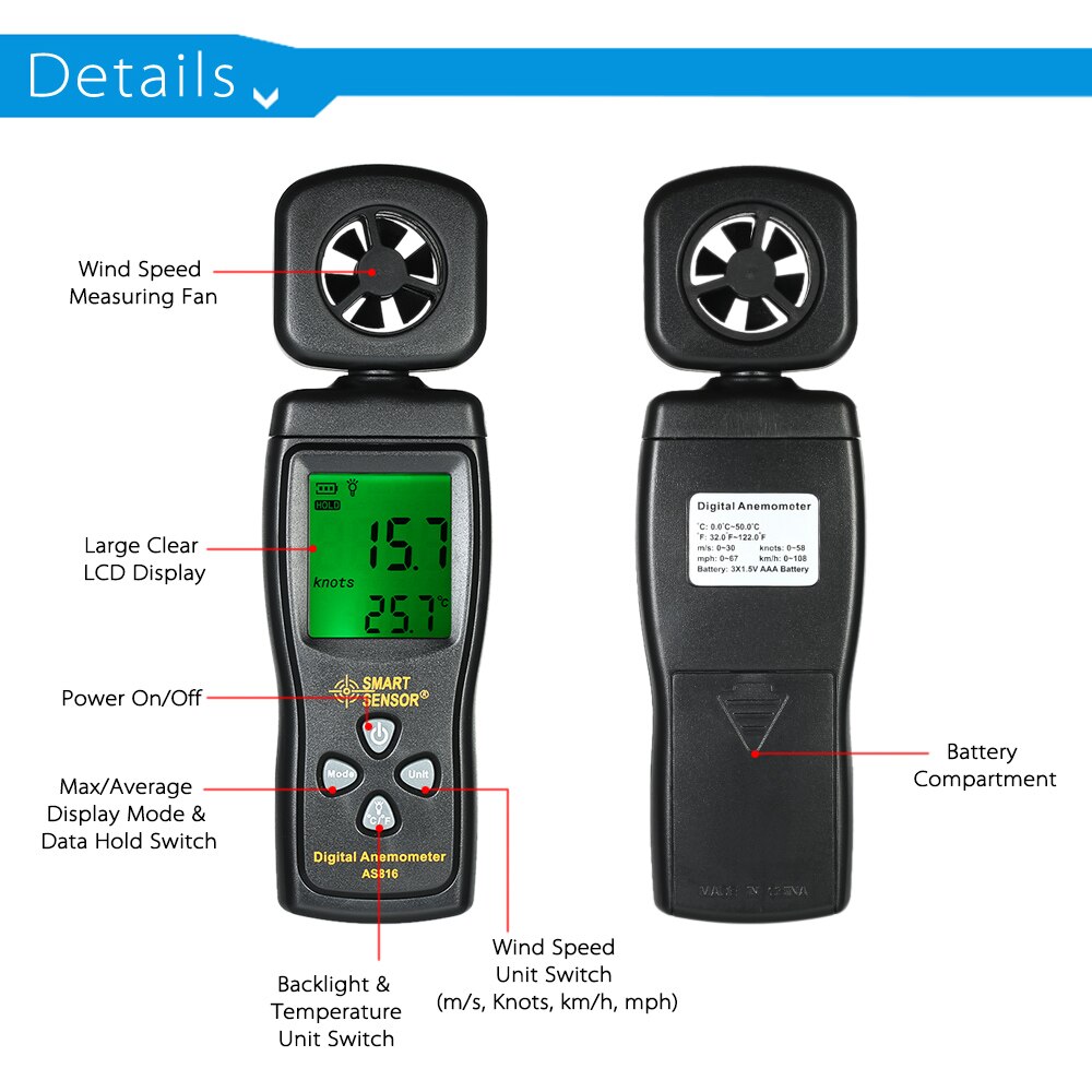 SMART SENSOR Mini Anemometer LCD Digital Wind Speed Meter Air Velocity Temperature Measuring with Backlight