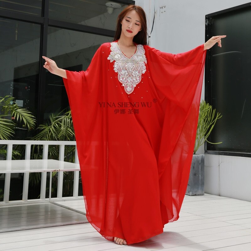 Vrouwen Dans Slijtage Buikdans Kleding Kaftan Jurk Met Pailletten Chiffon Traditionele Khaleeji Thobe Jurken Buikdans Gewaad: Red-Robe Only