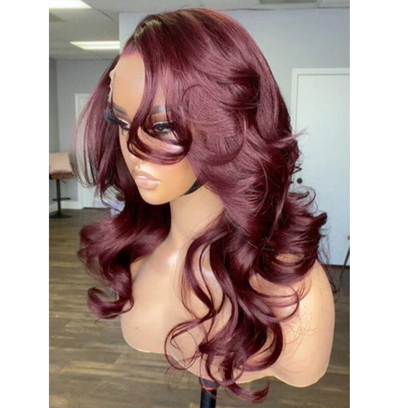 Wine red Soft Body Wave Wig Synthetic Lace Front Wig Pre Plucked Baby Hair Long Wave Synthetic Wigs Daily Wig Party Wig