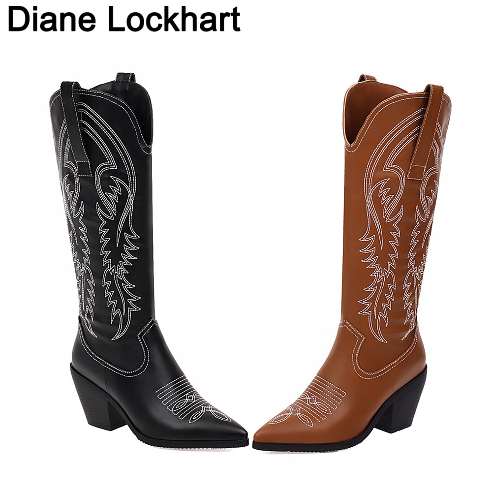 Retro kvinnor knähöga stövlar läder ridstövlar medeltida western cowgirl boot höst vinter spetsig tå kvinna kosacker stövlar