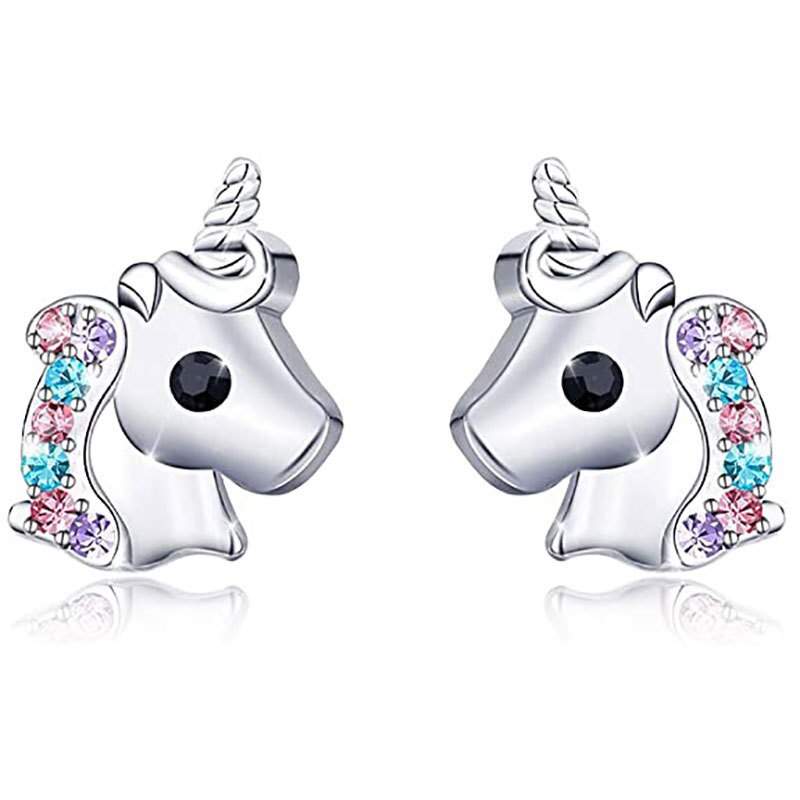 Einhorn Stud Ohrringe 925 Silber Multi-Farbe Strass Kleine Herz Katze Regenbogen Ohrring Für Frauen Hochzeit Modeschmuck: HE014