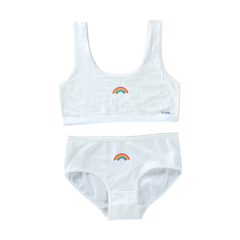 Teenage Young Girls 2Pcs Underwear Set Rainbow Bridge Print Cotton Training Bra Vest Top and Panties Sports Bralette: White