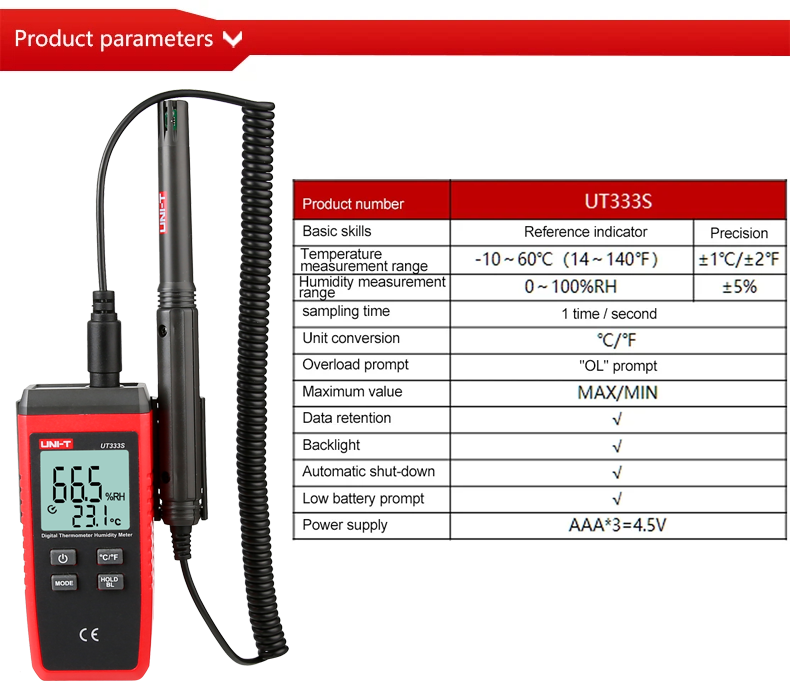 UNI-T Anemometro digitale UT363S 0.4~30 m/s Sensore di velocità del vento Metri Tester di temperatura Strumenti di misura: Grey