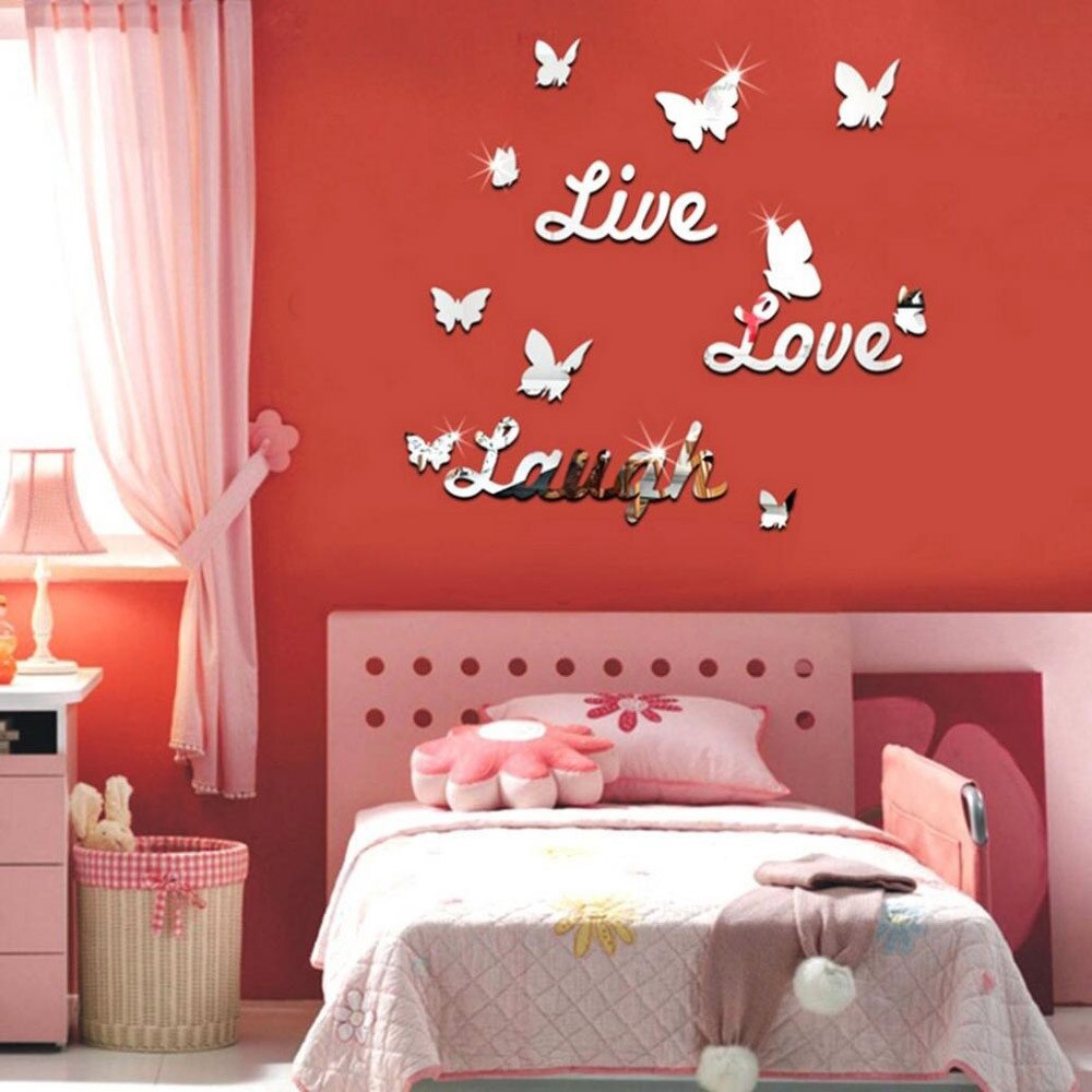 Live Lachen Liebe 3D Spiegel Schmetterling Zauberstab Aufkleber Aufkleber Zauberstab Kunst Abnehmbare Zimmer Hochzeit Dekor Heimat Zauberstab Aufkleber für freundlicher zimmer: D