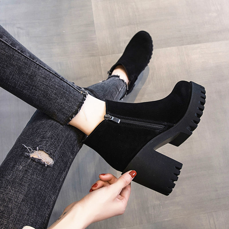 Botas de tacón grueso para mujer, Botines negros de tacón alto, botines gruesos de terciopelo para Otoño e Invierno