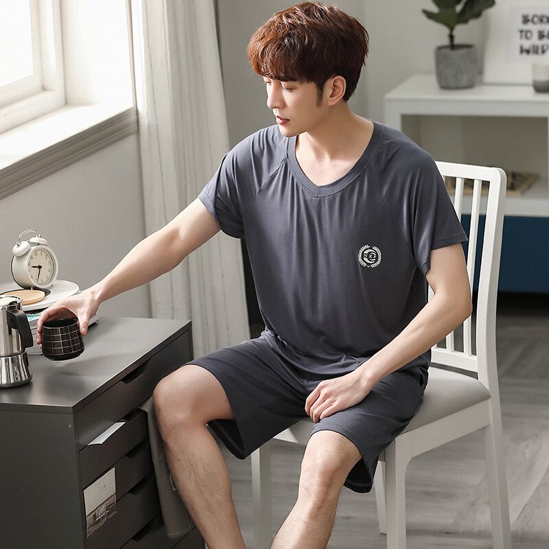 SONG Summer Men's Modal Pajama Sets Short Sleeve Solid Color Young Thin Ice Silk Home Wear Or Sporting Casual Pyjamas