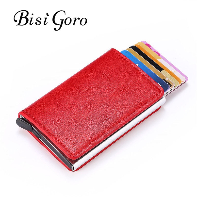 BISI GORO cartera delgada RFID tarjetero cerrojo aluminio tarjeta de crédito cartera Metal crédito Mini smart Men monedero