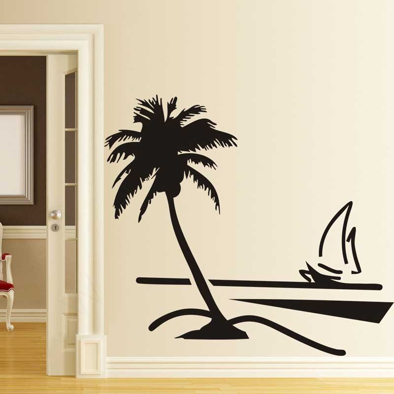 Palm Coconut Tree Decal Vinyl Art Wall Papers Sailboat beach Sticker for Home Decoration Bedroom Living Room Wallpap Y-235