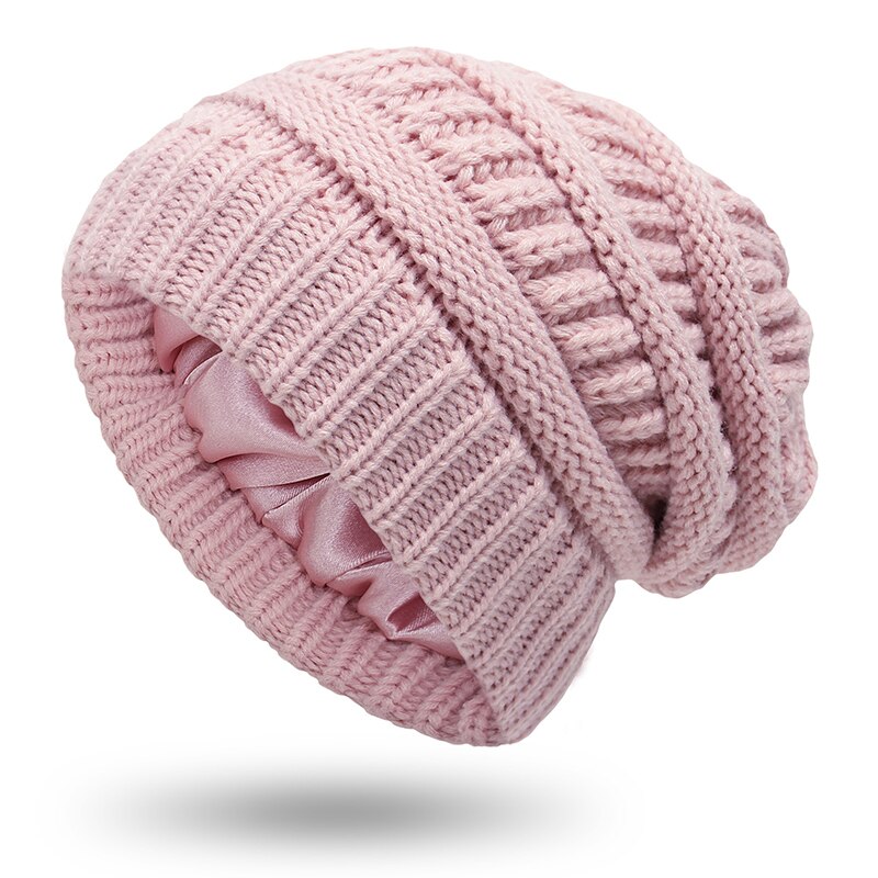 Winter Stricken Woolen Beanie Hüte für Frauen Silk Satin Gefüttert Chunky Kappe Weiche Stretch Kabel Stricken Warme Alle-spiel slouchy Sport Hut: A-pink