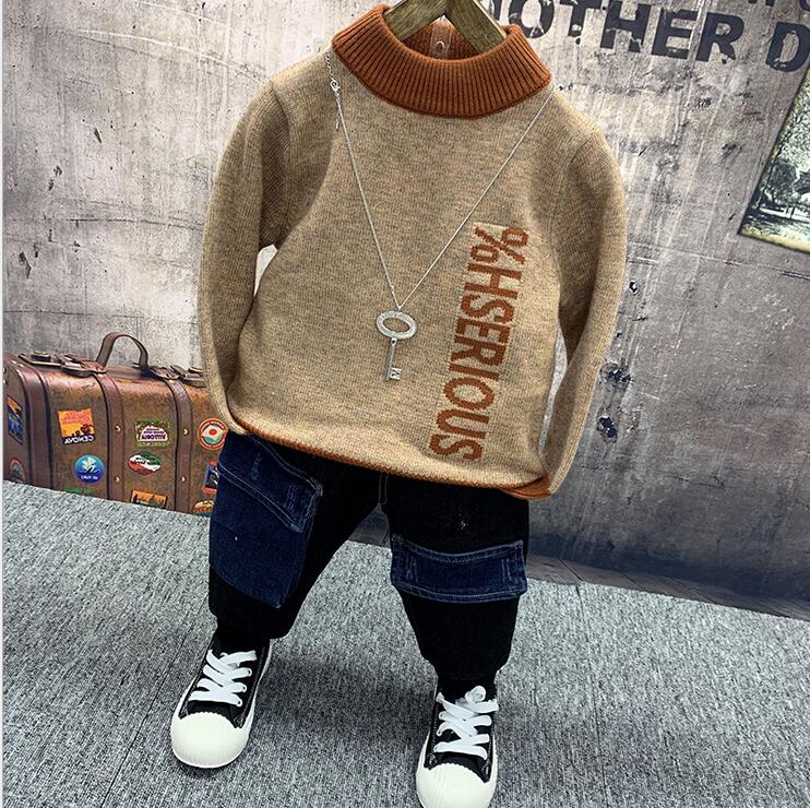 Baby jongens kleding sets winter kinderen warme gebreide trui, dikke jeans 2 stuks pakken jongens sport kinderkleding kleding 2-6