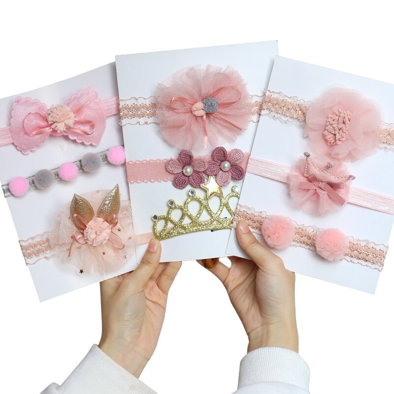 3 Pcs/Set Lace Flower Baby Headband Crown Bows Hairband Girl Turban Elastic Baby Hair Band Newborn Baby Hair Accessories