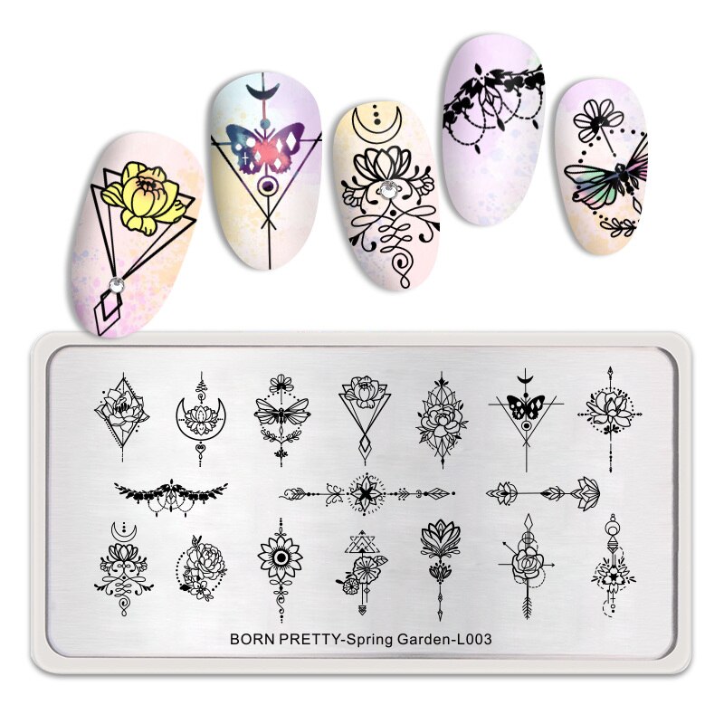 Geboren Pretty Mandala Serie Nail Stempelen Platen Bloemen Rechthoek Nail Art Image Stencil Thema Template: Spring Garden-L003