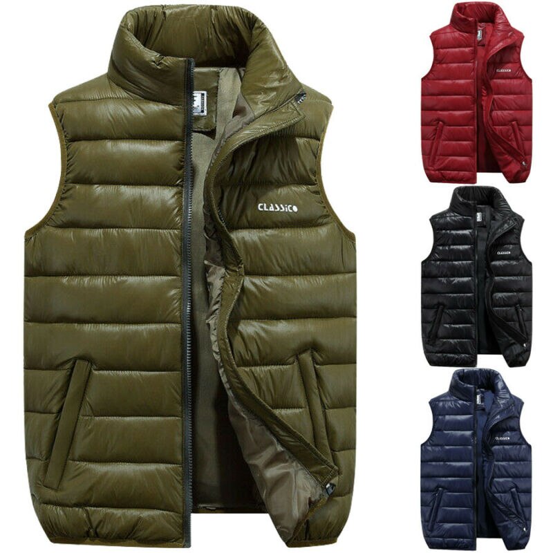4 Colors Men Casual Sleeveless Vest Top Coat Male Padded Vest Jacket Quilted Outwear Tops Zip Up Waistcoat Outfits Plus Size