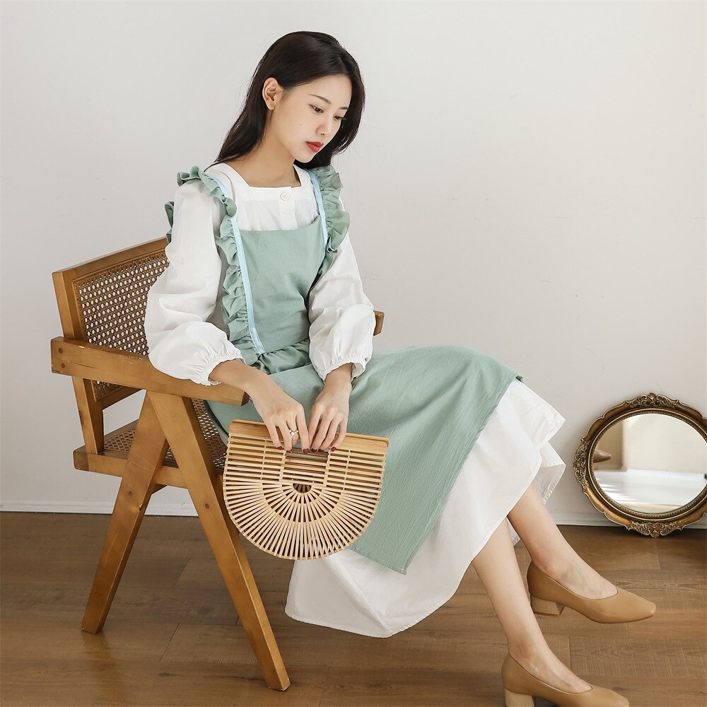 Neue Gewaschen Baumwolle Leinen Küche Schürze Für Kochen Backen Blume Einkaufen Rüschen Arbeit Sauber Schürze für Frau Uniform Dame Kleid