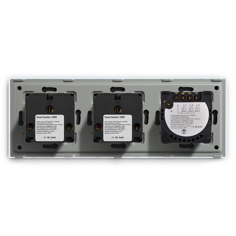 BSEED 3 Gang Smart Light Switch With Double Wall Socket 3 Colors Wall Switch 228mm Crystal Glass Panel Work With Tuya App