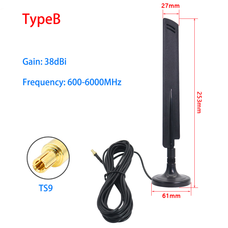 Antenă gsm 3g 4g 5g, amplificator 40 dbi, extender extern, bază magnetică,  ts9 sma mascul pentru router wifi cpe pro, amplificator de semnal 3 mcable: Albastru