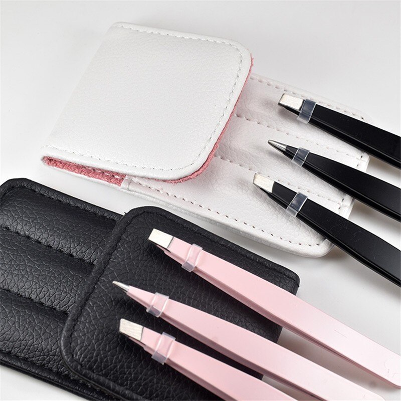 3 Stks/set Wenkbrauw Pincet Rvs Punt Tip/Slant Tip/Flat Tip Ontharing Makeup Tools Accessoire Met bag Case
