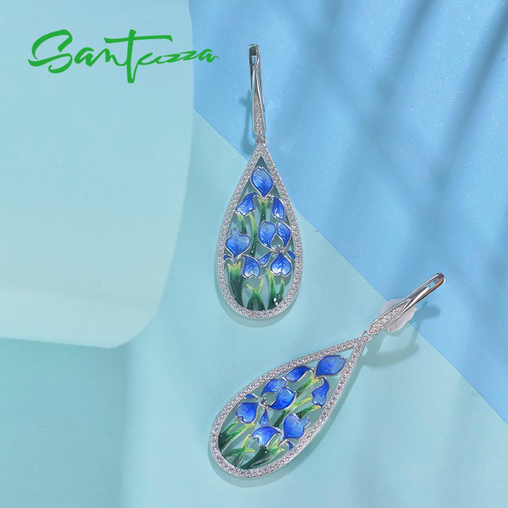 SANTUZZA Zilveren Bloem Oorbellen Voor Vrouwen 925 Sterling Zilver Dangle Blauw Bloemblaadje Oorbellen Zilveren Glanzende CZ Sieraden Handgemaakte Emaille